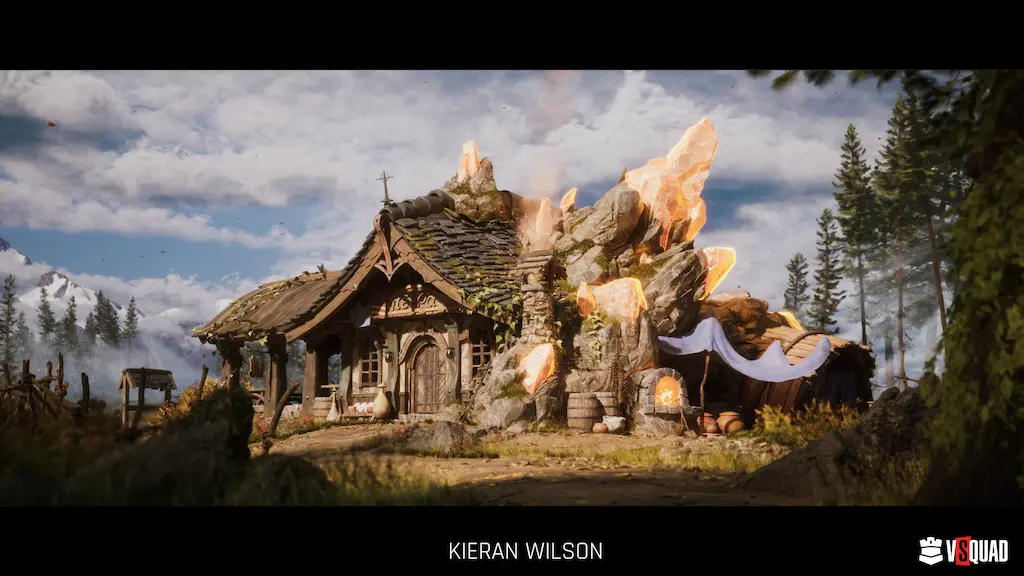 Detailed 3D game environment render of a rustic fantasy forge house with glowing orange crystals and mountains.