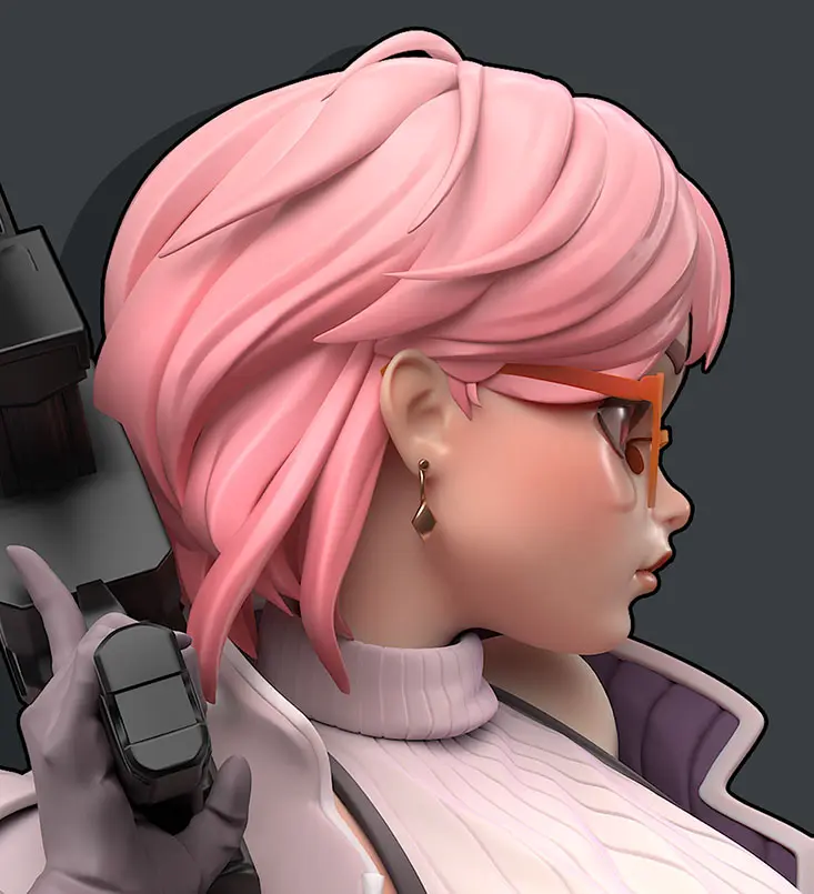 Final colored 3D render of the pink-haired girl character with fully polished hair and lighting.