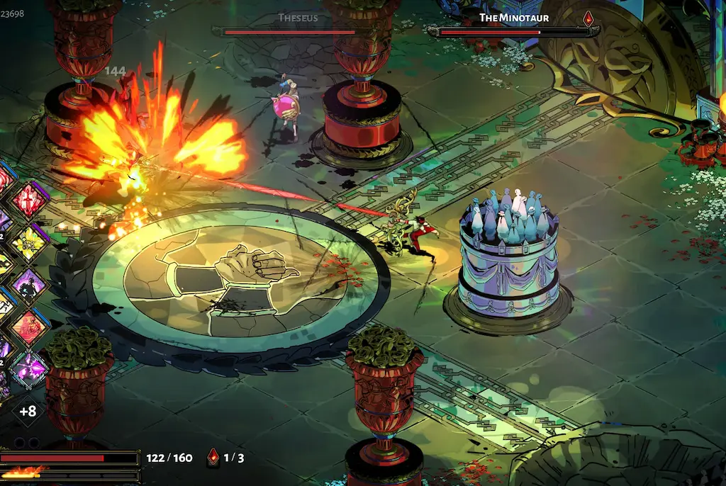Zagreus in Hades, showcasing the game’s vibrant stylized 3D art style during a fast-paced battle in the Underworld.