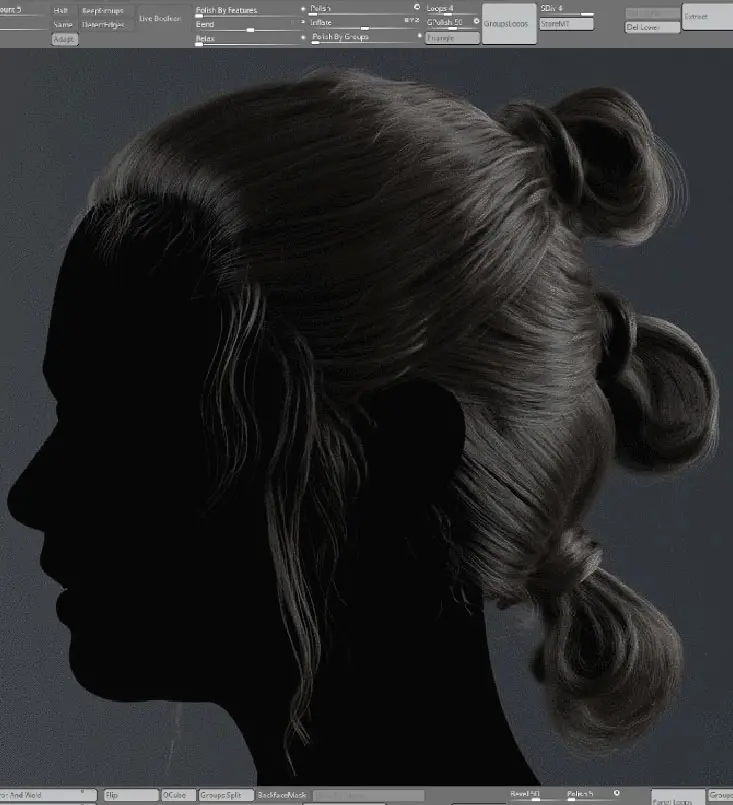 High-fidelity render of dark 3D hair buns showing realistic lighting and material shader quality.