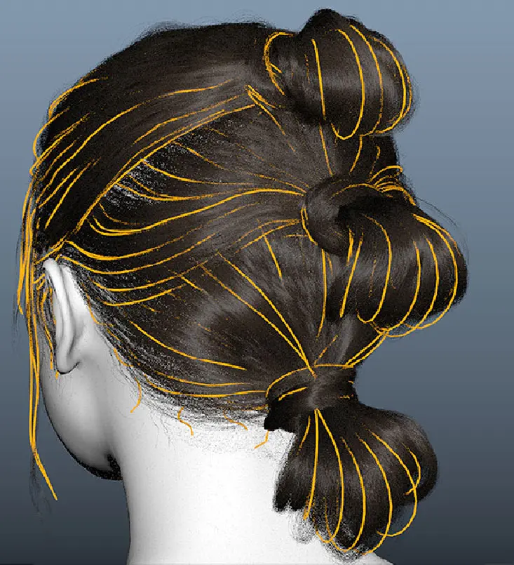 3D hair model with yellow guide lines showing flow and structure for physics and animation setup.