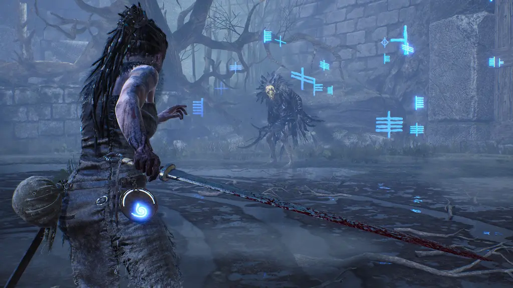 Senua in Hellblade: Senua's Sacrifice, a benchmark for high-fidelity graphics and art in AA game production.