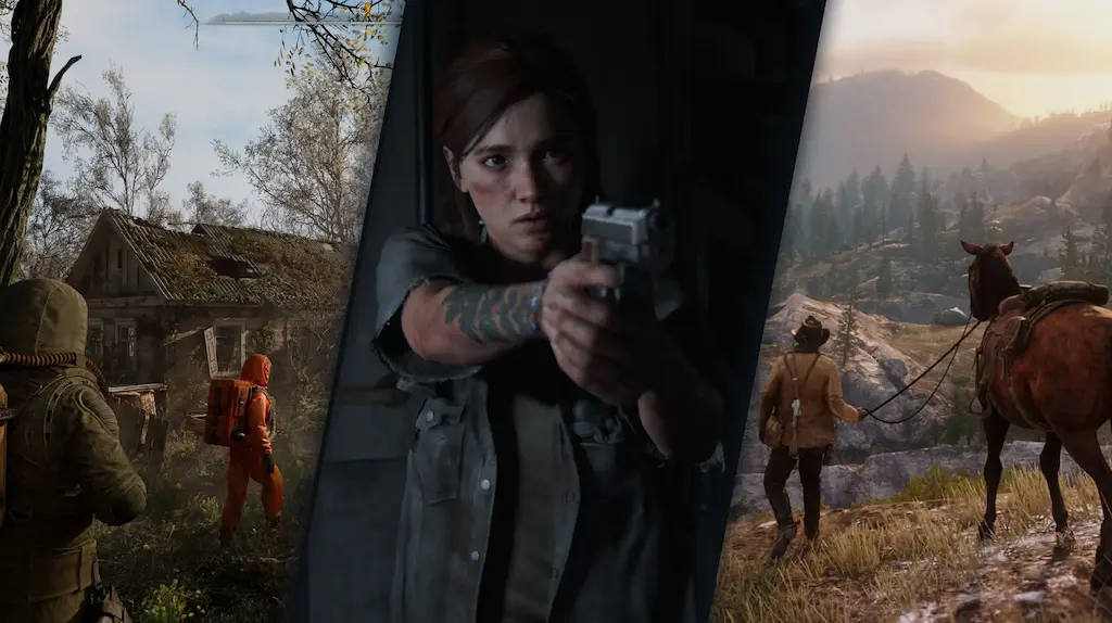 Hyper-realistic game scenes featuring detailed characters and environments from STALKER 2, The Last of Us, and RDR2