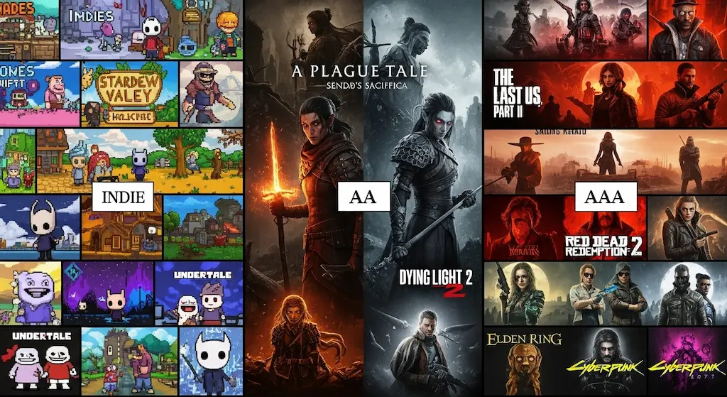Collage comparing Indie, AA, and AAA video games, showcasing different art styles and production scales.