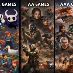 Vertical collage comparing Indie, AA, and AAA video games, showcasing diverse art styles and production scales.