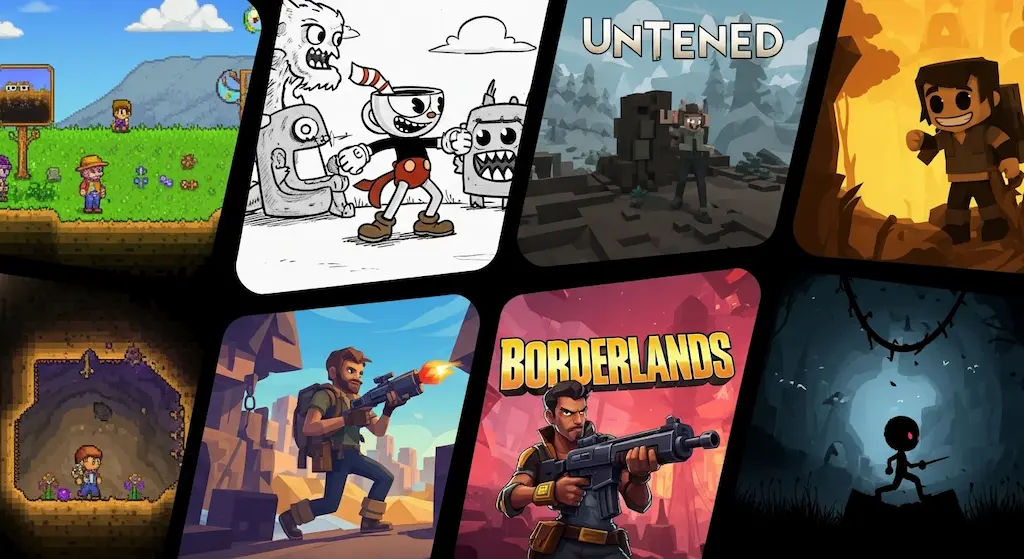 Collage of diverse indie game art styles including pixel art, hand-drawn, low-poly, and stylized 2D illustrations.