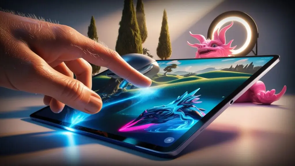Interactive 3D animation showing a hand touching a tablet screen with a glowing futuristic creature in a dynamic digital landscape