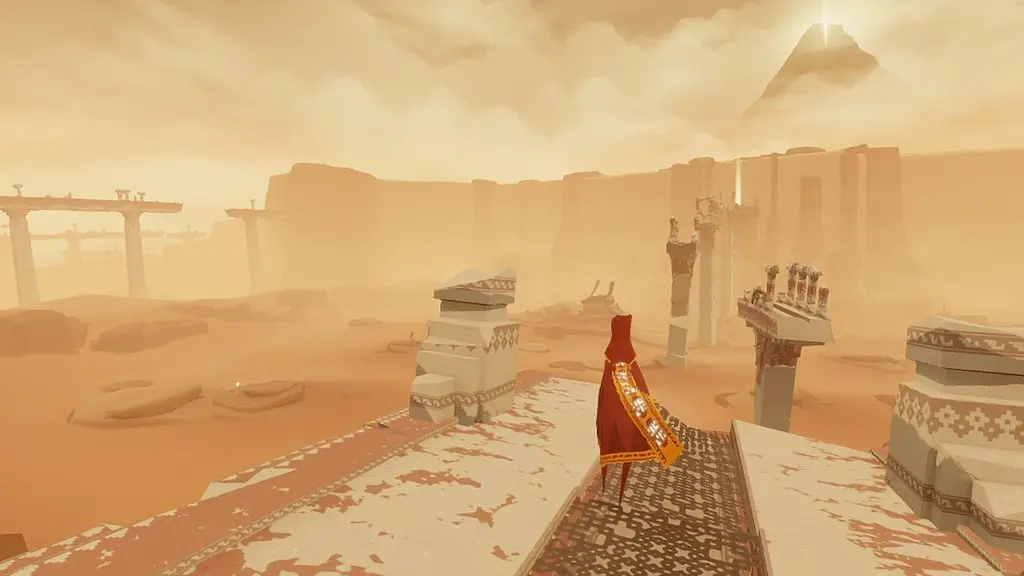 Journey's robed traveler stands in a vast desert, showcasing the game's iconic low-poly 3D environment and art style.