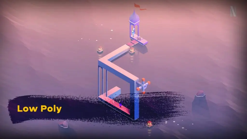 Low poly style 3D scene with minimalist geometric architecture and soft pastel colors, creating a calm and abstract game environment