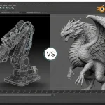 Comparison of Autodesk Maya with a robotic arm and Blender with a detailed 3D dragon model.
