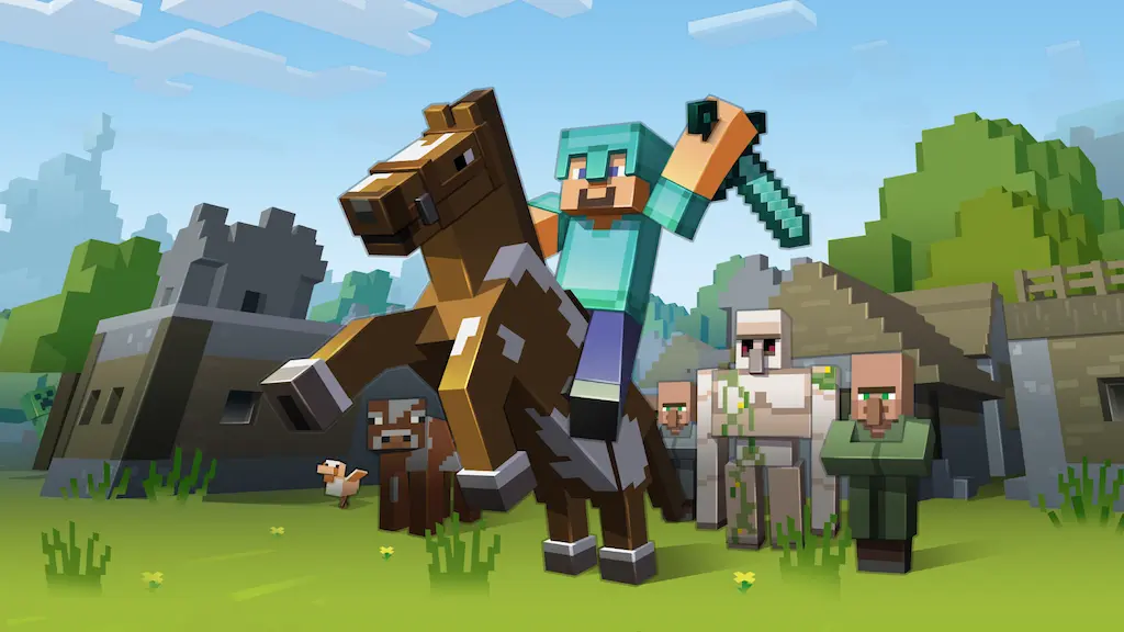 Steve riding a horse in a blocky landscape, illustrating the iconic voxel art style of Minecraft.