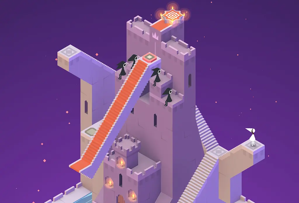 Isometric puzzle level in Monument Valley showcasing a clean, minimalist flat art style and impossible geometry.