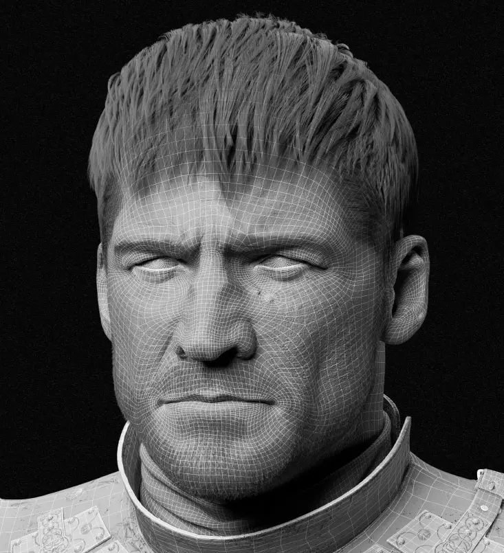 Wireframe topology view of a 3D character head for performance optimization and LOD system mapping.