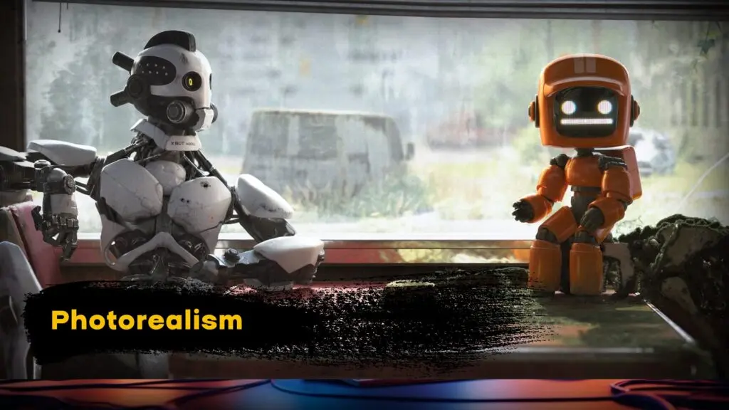 Photorealistic 3D animation of two detailed robots sitting by a window, showcasing realistic materials, lighting, and textures