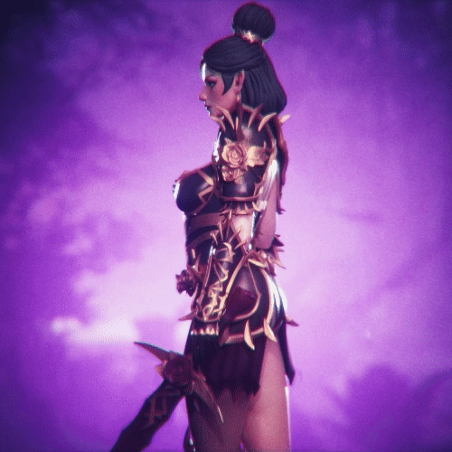 Detailed 3D female character in ornate armor, illustrating professional polygonal modeling and rendering.