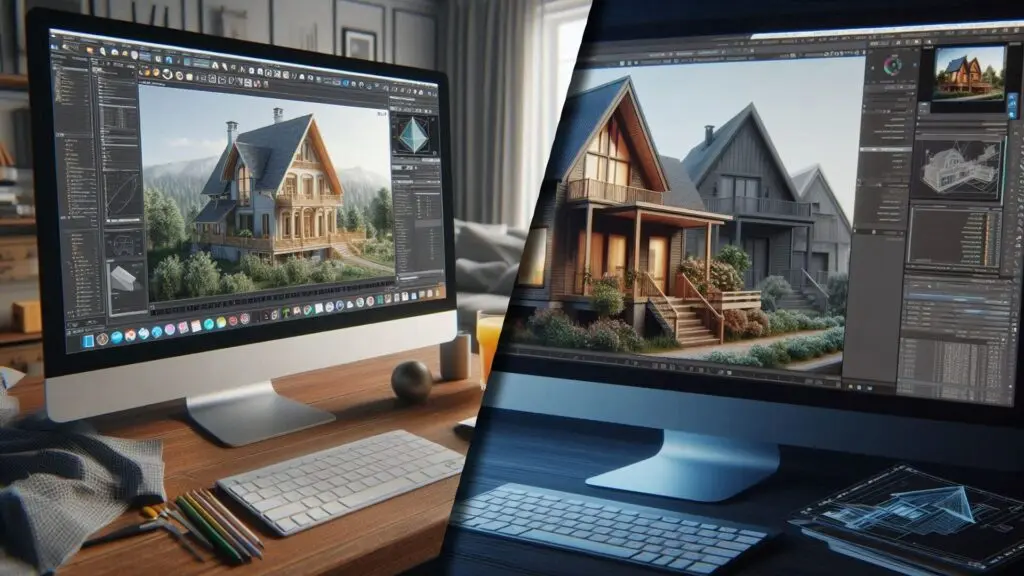 Two computer monitors showing AI-assisted 3D house modeling and procedural architecture design for game development