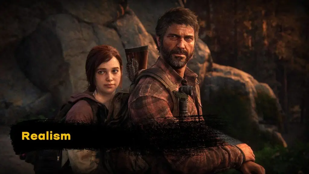 Realistic 3D animation showing two lifelike characters with detailed facial expressions and textures in a cinematic game environment