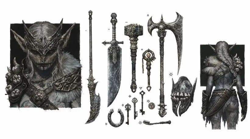Realistic 2D character concept art of a dark fantasy elf warrior with detailed armor and medieval weapons.