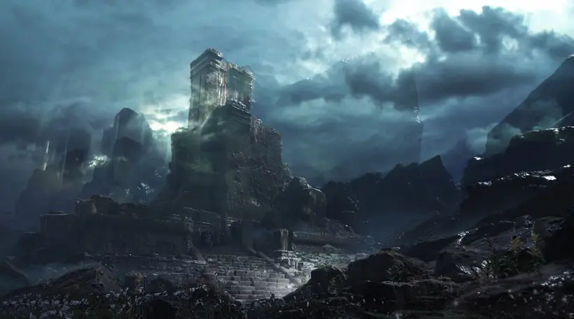 Realistic 2D environment concept art of dark, foggy castle ruins and mountains under a dramatic cinematic sky.