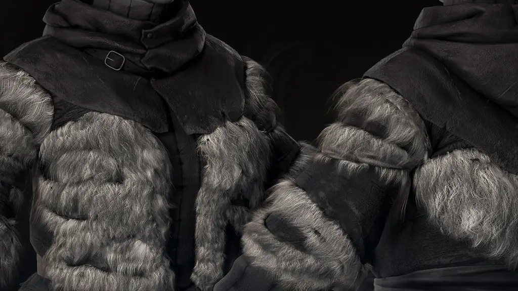 High-detail realistic 3D fur grooming on heavy winter clothing and armor.