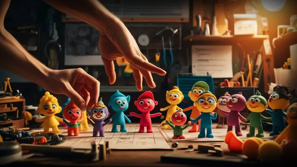 Stop motion animation scene with colorful clay characters arranged on a worktable as hands position figures during filming