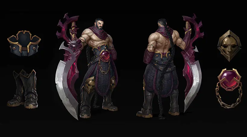 Stylized 2D character design of a powerful warrior with giant blades and purple armor elements for game art.