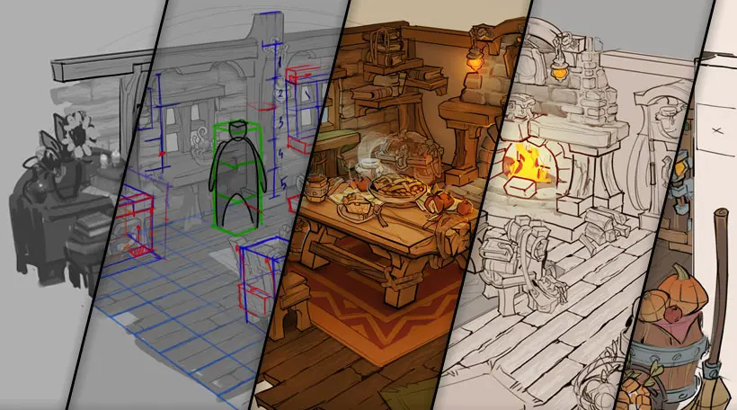 Stylized 2D environment art breakdown showing the design process of a cozy room with a fireplace and furniture.