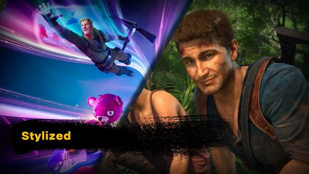 Stylized 3D animation contrasting vibrant cartoon characters with a semi-realistic hero, highlighting expressive design and dynamic lighting