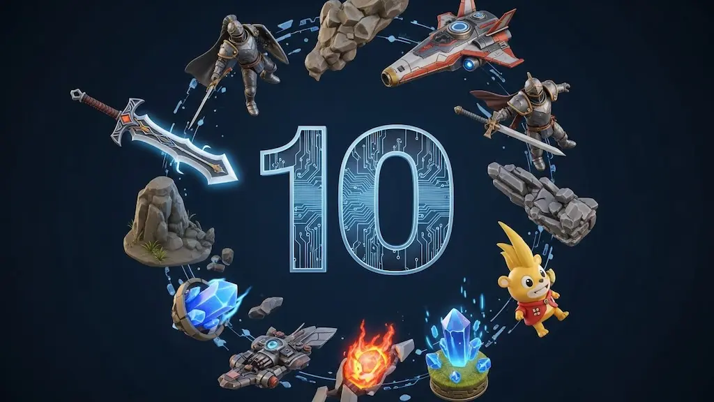 Top 10 video game art outsourcing companies illustrated with game characters, weapons, assets, and a futuristic number 10.