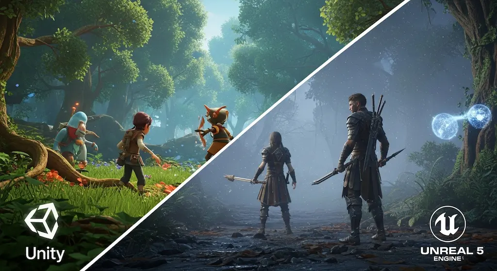 Unity stylized cartoon characters in forest vs Unreal Engine 5 realistic warriors in dark misty environment.