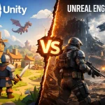 Unity vs Unreal Engine 5: Stylized low-poly fantasy versus high-fidelity photorealistic sci-fi comparison.