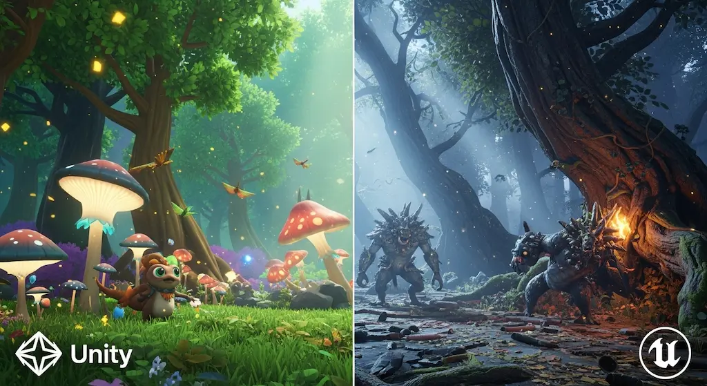 Unity vs Unreal Engine 5: Vibrant stylized mushroom forest compared to a dark realistic cinematic monster forest.