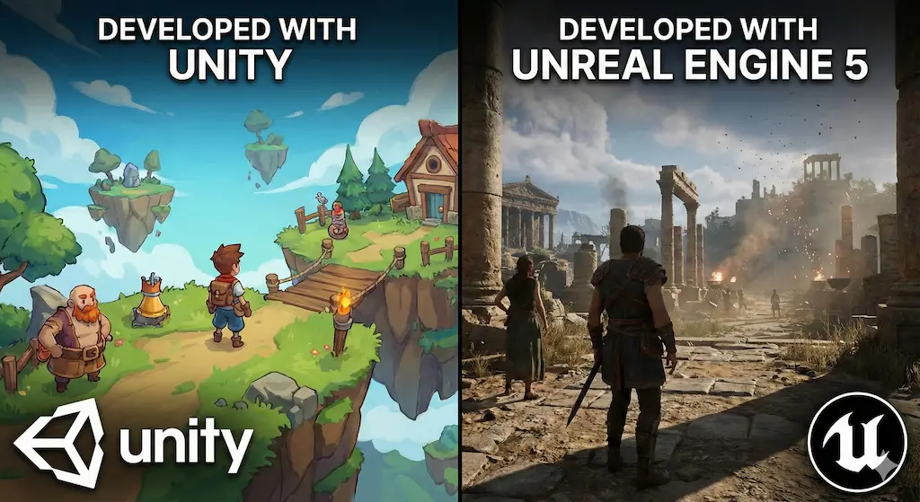 Unity vs Unreal Engine 5: Comparison of stylized cartoon graphics versus photorealistic cinematic visuals.