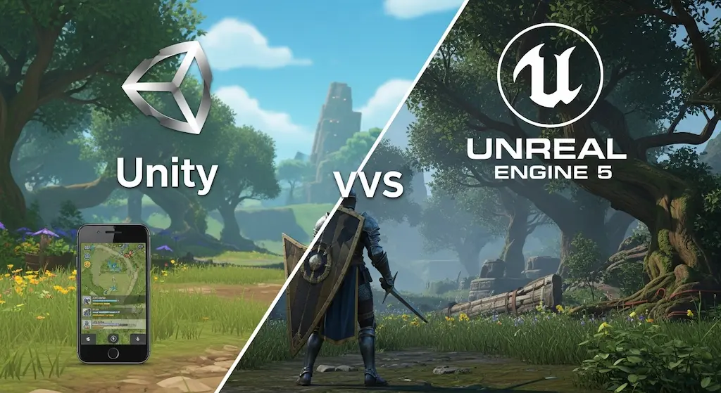 Unity stylized mobile graphics versus Unreal Engine 5 high-fidelity realistic knight in a forest.