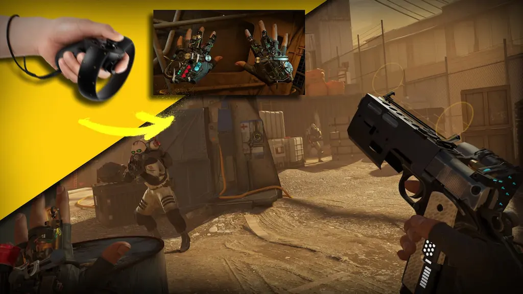 A VR controller and mechanical gloves overlaying a first-person shooter game to show virtual reality integration