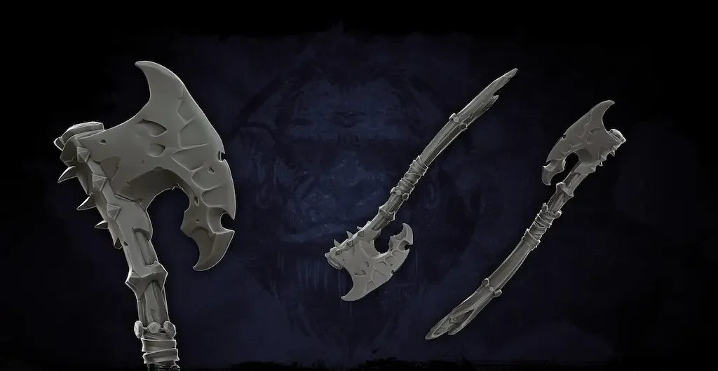 Multi-view sculpt of a stylized ogre axe, highlighting VSQUAD Studio's 3D prop modeling capabilities.