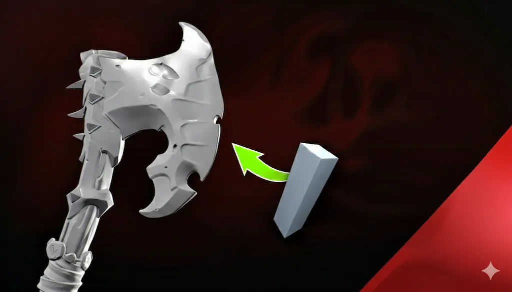 3D sculpting process of a stylized axe from a base mesh, created by VSQUAD Studio.