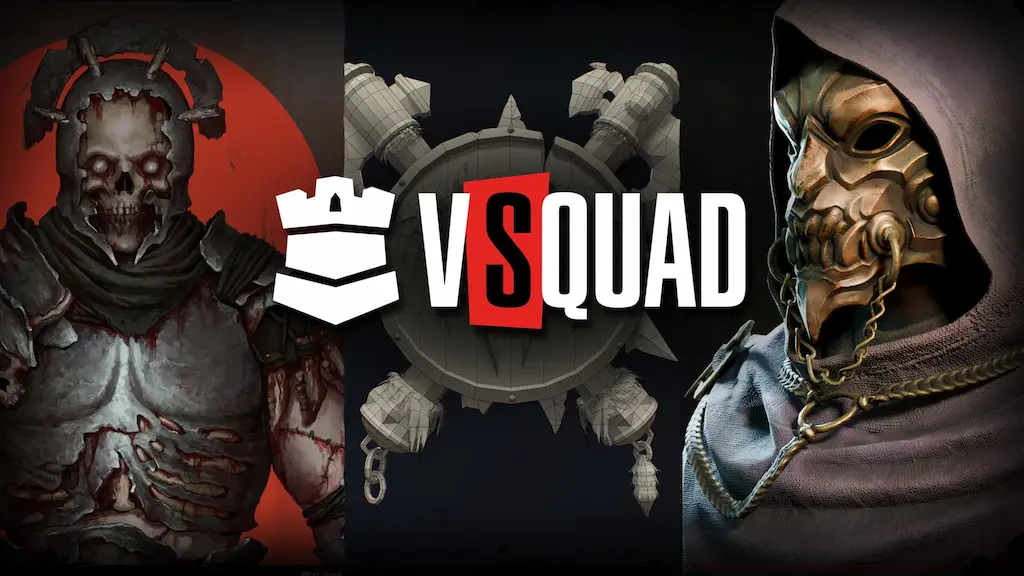 VSQUAD game art outsourcing studio branding with fantasy 3D characters and logo, showcasing AAA quality character and environment art.