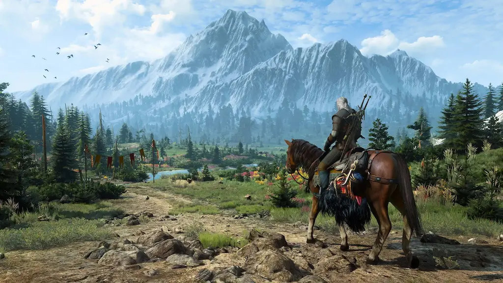 Geralt on Roach in The Witcher 3, showing a scenic mountain landscape as a benchmark for AAA open-world game art.
