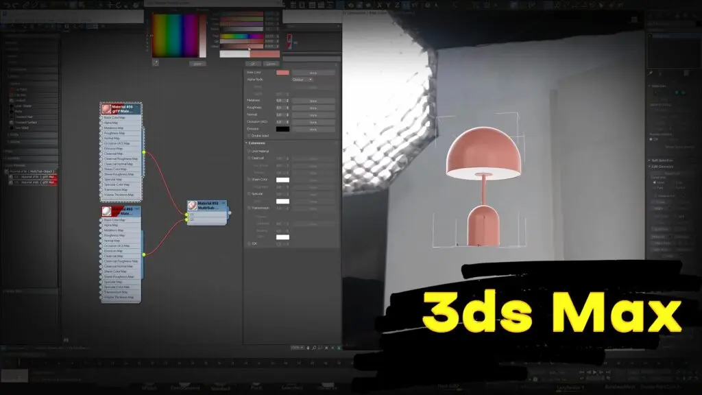 Autodesk 3ds Max interface showing a 3D lamp model and complex material editor settings.