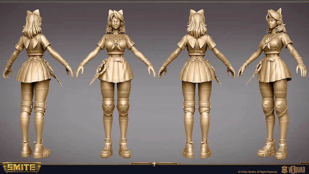 High-poly 3D turnaround of an anime-style schoolgirl character for video game production.
