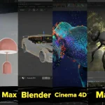 Collage of 6 3D modeling tools: ZBrush, 3ds Max, Blender, Cinema 4D, Maya, and SketchUp software interfaces.