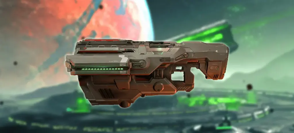 BFG 9000 heavy plasma weapon from DOOM floating against a futuristic Martian landscape with a red planet background.