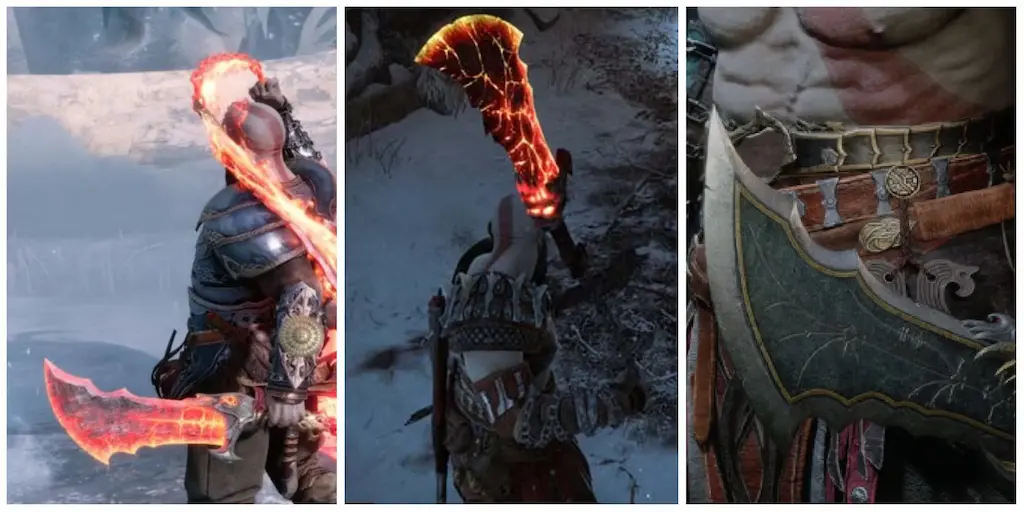 Collage of Kratos using the Blades of Chaos with glowing fire runic effects and close-up detail in God of War Ragnarok.