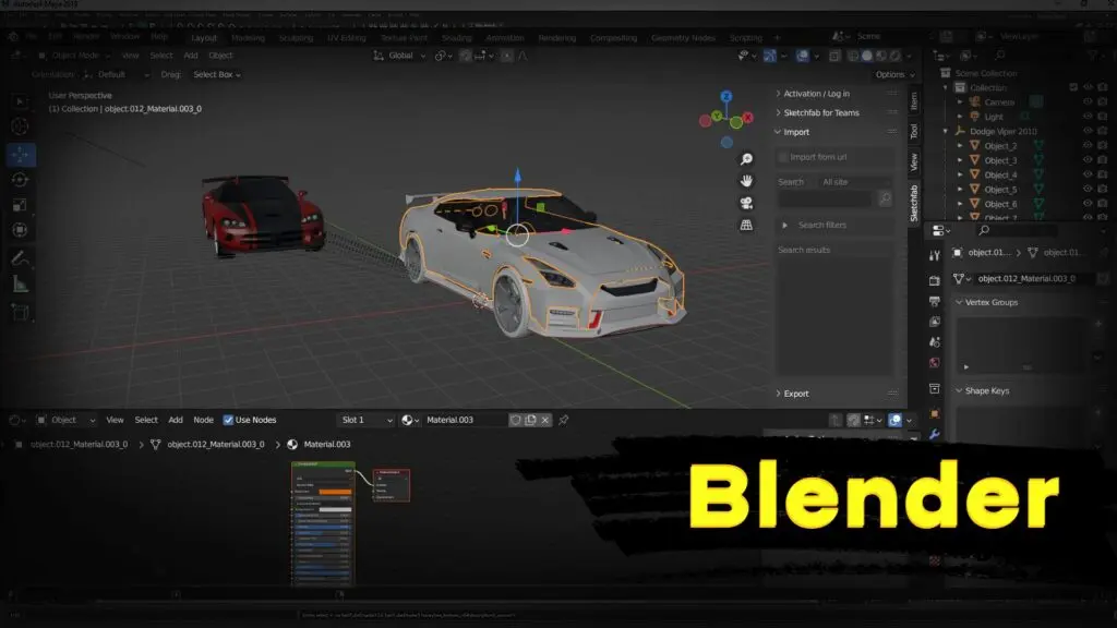 Blender interface featuring a 3D car model with selection wireframes for modeling and animation.
