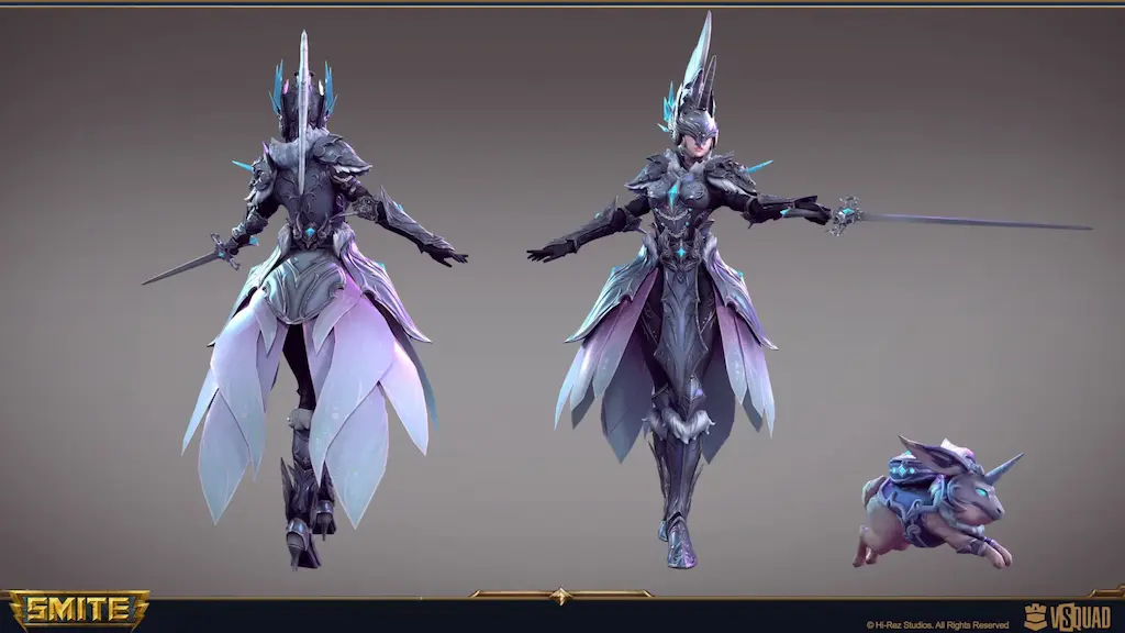 Front and back views of a textured character and pet companion, showing cohesive color and material design.