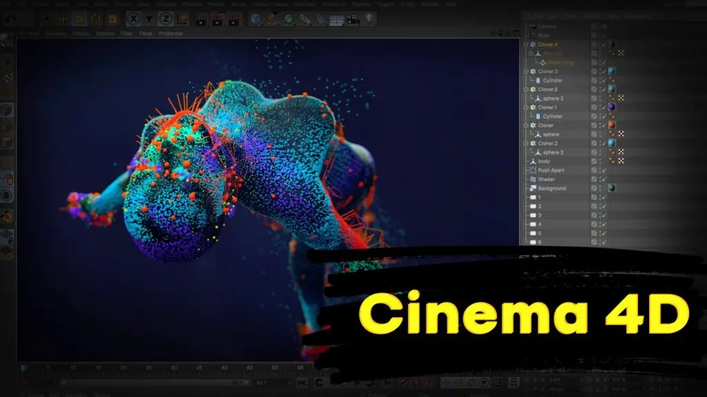 Cinema 4D interface showcasing abstract 3D particle shapes and motion graphics tools.