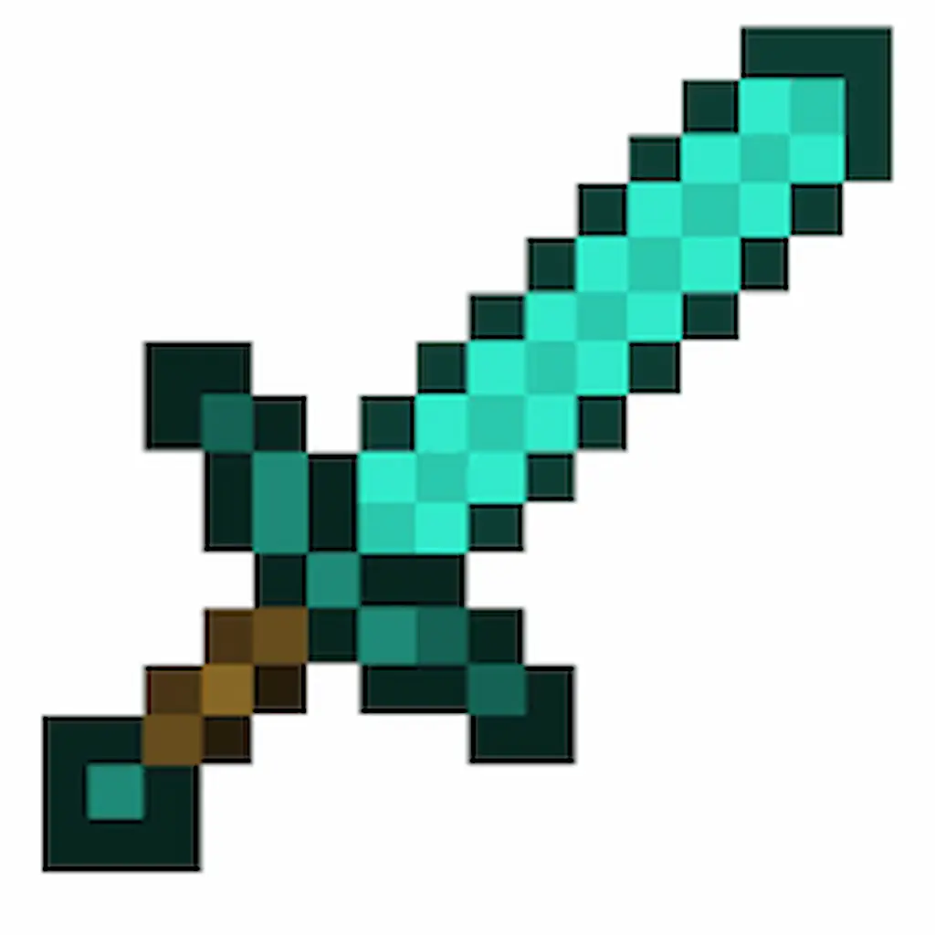 Pixel art of a blue Diamond Sword from Minecraft with a brown handle, isolated on a white background.