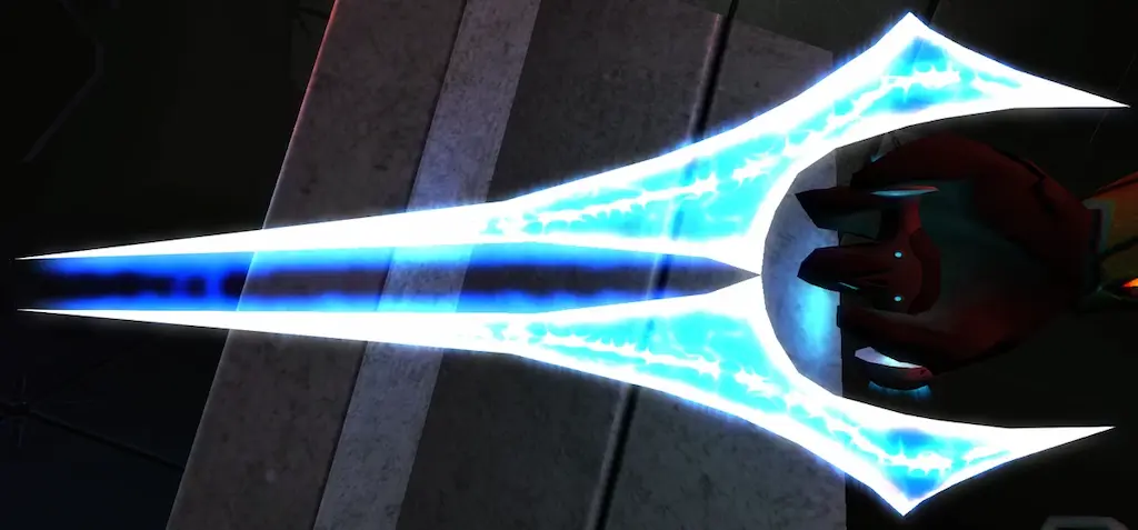 Glowing blue Energy Sword from Halo with a signature double-pronged plasma blade held by a red-armored warrior.
