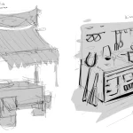 Hand-drawn concept art sketches of a fish market and kitchen for a frame-by-frame animation tutorial.